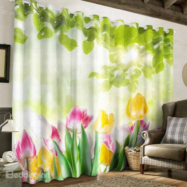 Pink And Yellow Magnolias Printed Pastoral Style 2 Panels Customliving Room Curtain