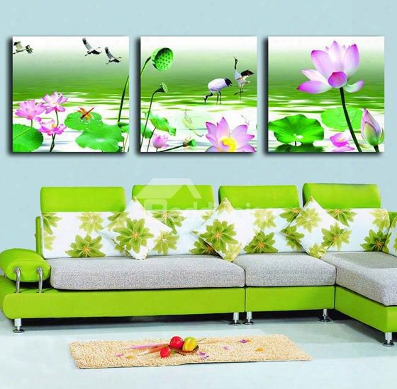 Pink Lotus And White Crane In Green River 3-piece Cross Film Wall Ar Tprints