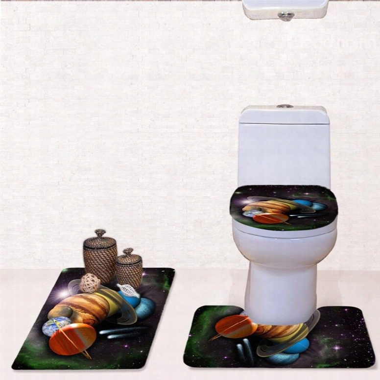 Planets Pattern 3-piece Flannel Pvc Soft Water-absorption Anti-slid Toilet Seat Covers