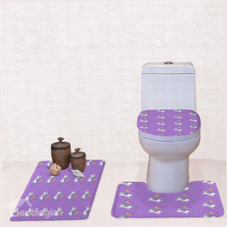 Purple Background Unicorns Pattern 3-piece Flannel Pvc Soft Water-absorption Anti-slid Toilet Seat Covers