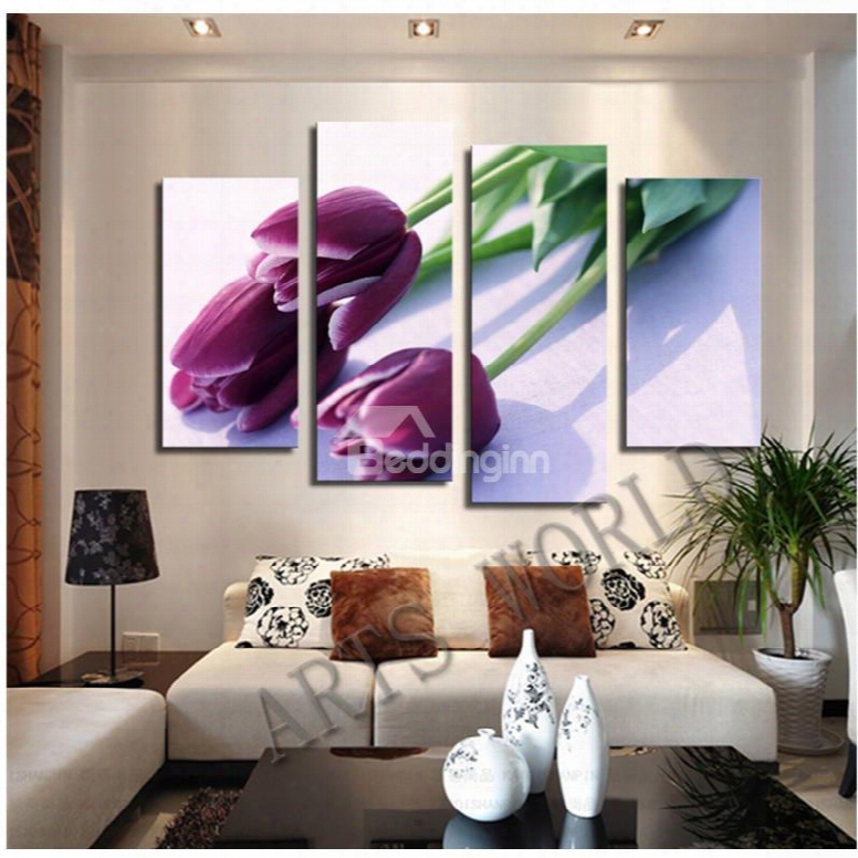 Purple Tulips Hanging 4-piece Canvas Waterproof And Eco-friendly Non-framed Prints