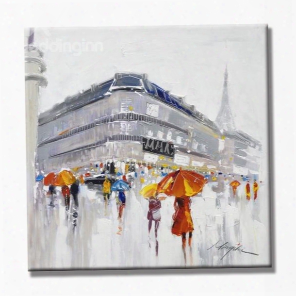 Realism Square People Walking In The Rainn Pattern Canvas Stretched None Framed Oil Painting