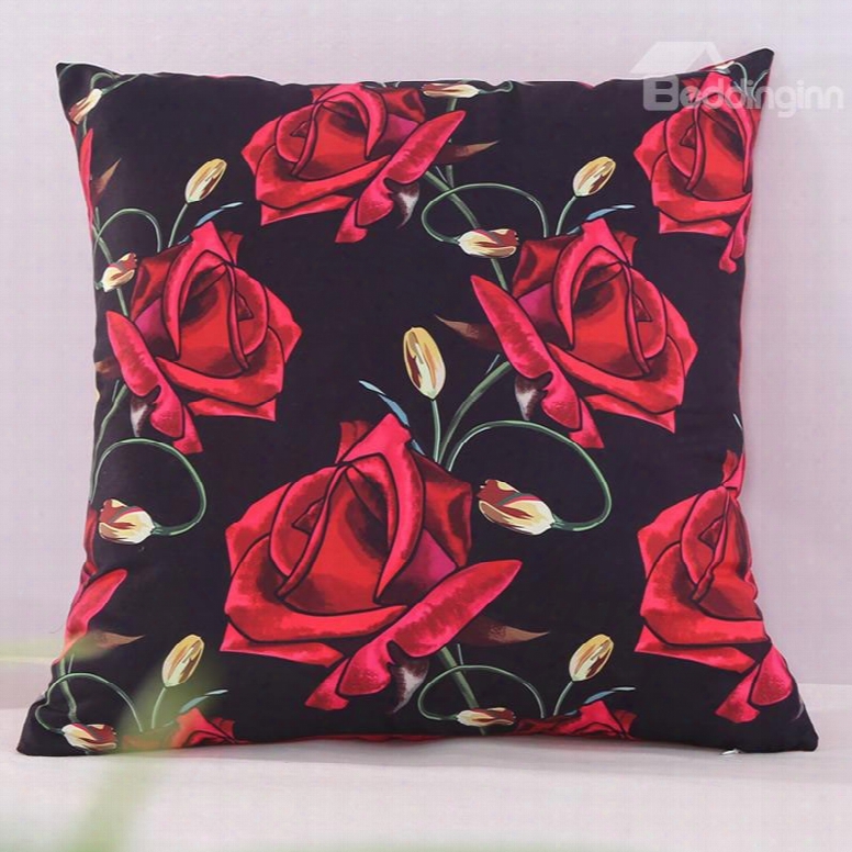 Red Roses Blooming Black Decorative Square Polyester Throw Pillowcases