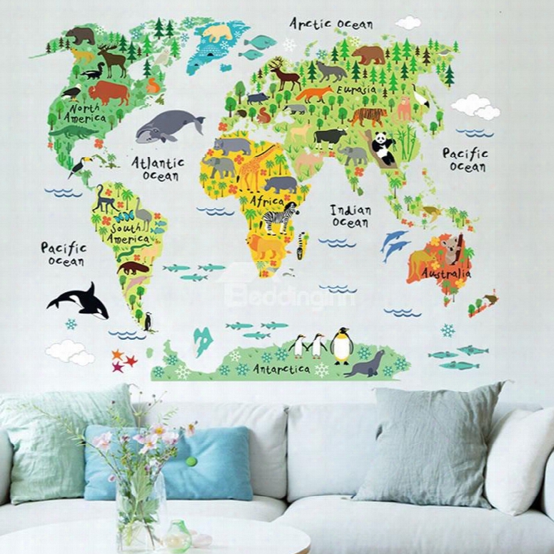 Removable Plants And Animals Map Pvc 39*29 Kids Wall Stickers