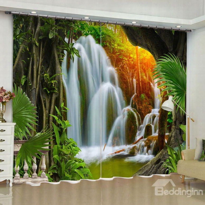 Rolling Waterfalls And Green Trees Printed 2 Panels Bedroom Living Room Curtain
