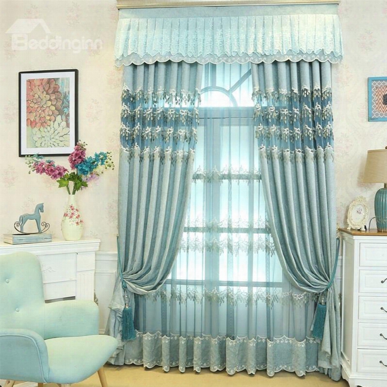 Romantic And Elegant Light Blue Embroidered Flowers Decorative Living Room Sheer Drape