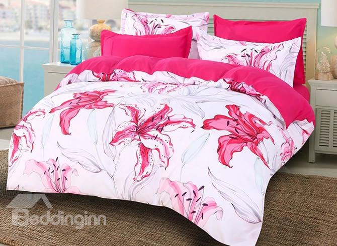 Rose Red Lily Blooming High Thread Count 4-piece Polyester Bedding Sets/duvet Cover