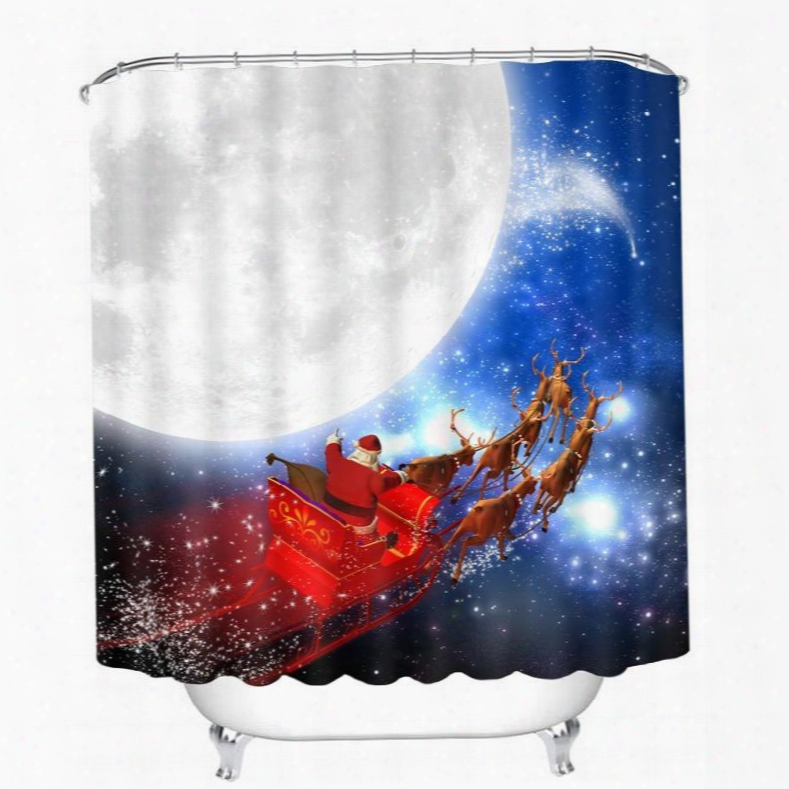 Santa Riding Reindeer By The Moon Printing Christmas Theme 3d Shower Curtain