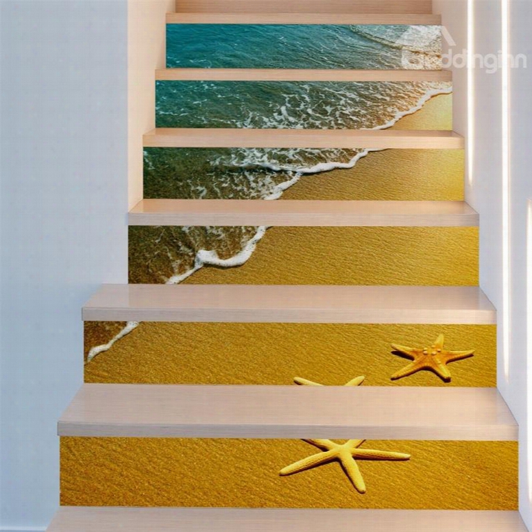 Sea Wave And Starfish Home Decorative 6-piece 3d Pvc Waterproof Stair Mural