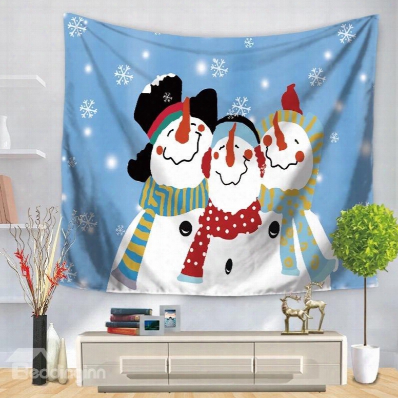 Snowman Family Celebrating Christmas Blue Decoratiev Hanging Wall Tapestry