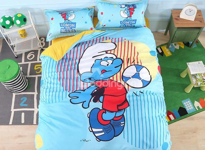 Soccer Smurf With Colorful Circles Printed 4-piece Blue Bedding Sets/duvet Covers