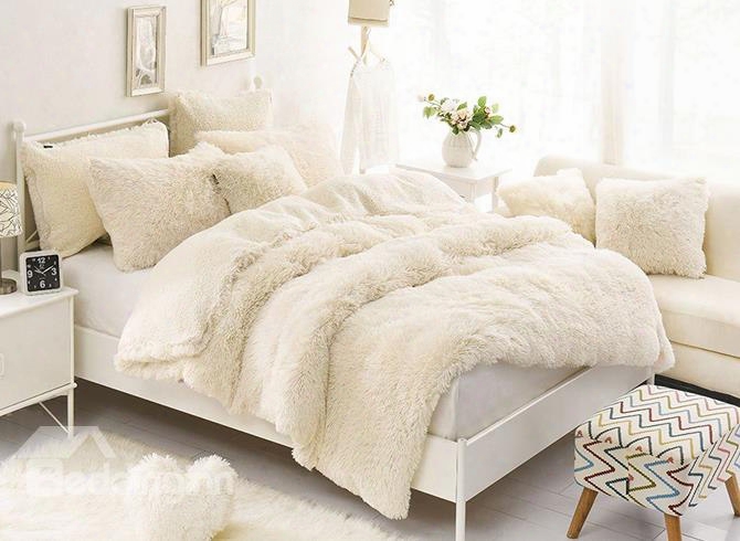 Solid Creamy White Soft 4-piece Fluffy Bedding Sets/duvet Cover