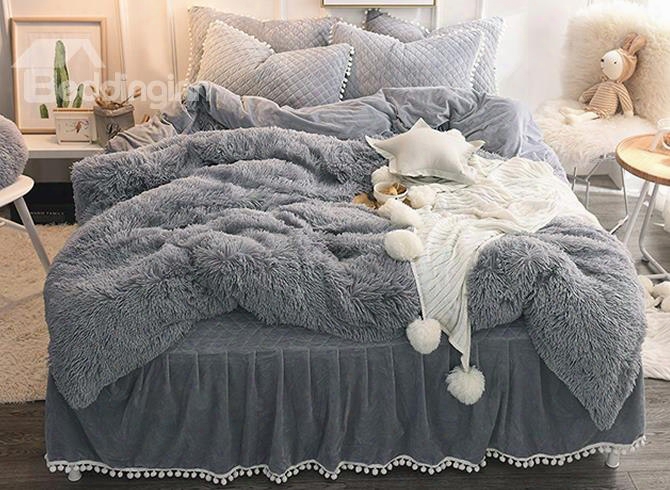 Solid Gray Simple Style Quilting Bed Skirt 4-piece Fluffy Bedding Sets/duvet Cover