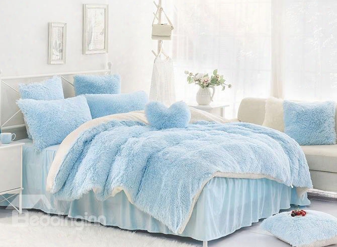 Solid Light Blue And White Color Blocking Fluffy 4-piece Bedding Sets/duvet Cover