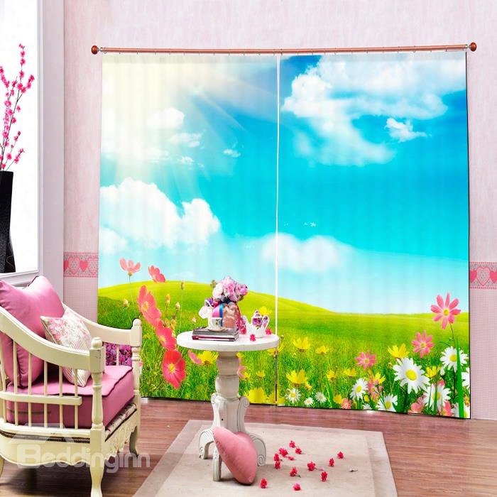 Sun Shine Glass Land And Flowers Printing 3d Curtain