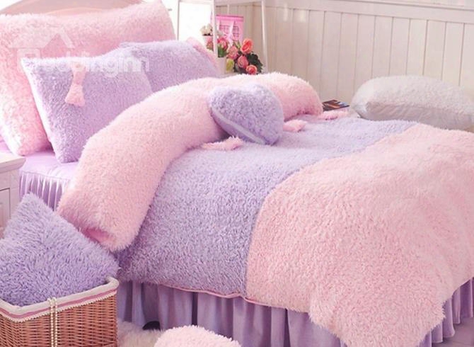 Sweet Pink And Purple Color Block 4-piece Velvet Duvet Cover Set