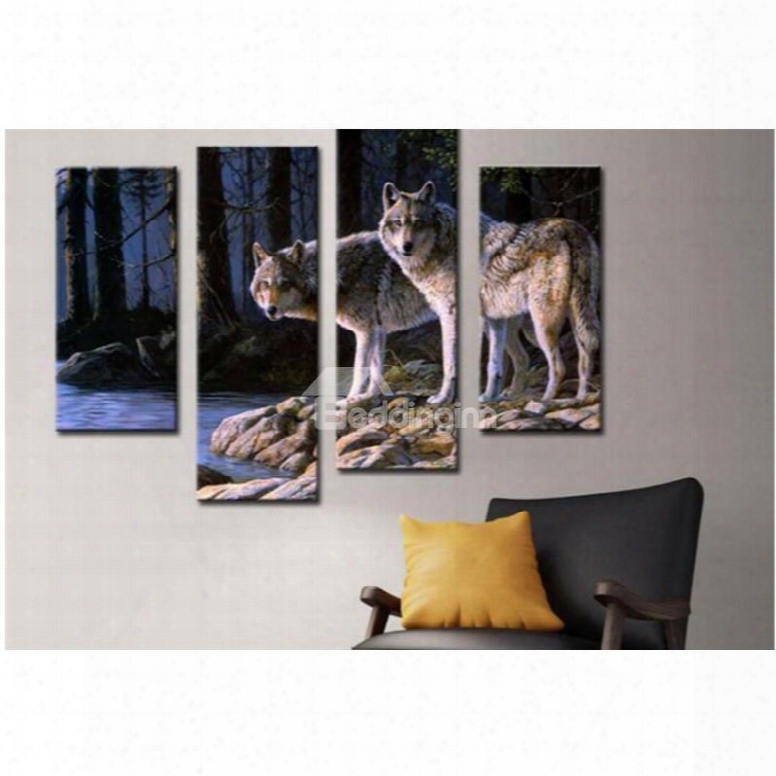 Two Wolves On The Lakeside Hanging 4-piece Canvas Non-framed Wall Prints