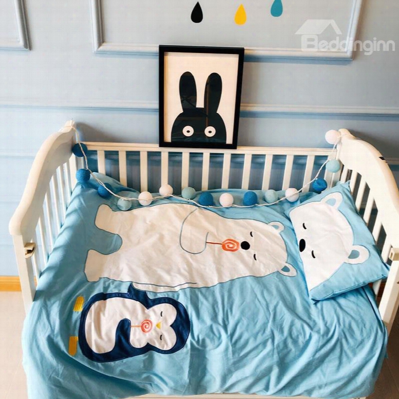 White Bear Printed Cotton Light Blue 3-piece Crib Bedding Sets