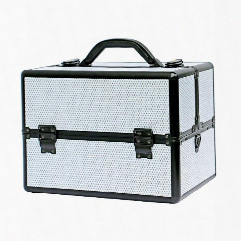 White Rhinestone Design Portable 3-tier Accordion Trays Makeup Case With Shoulder Strap