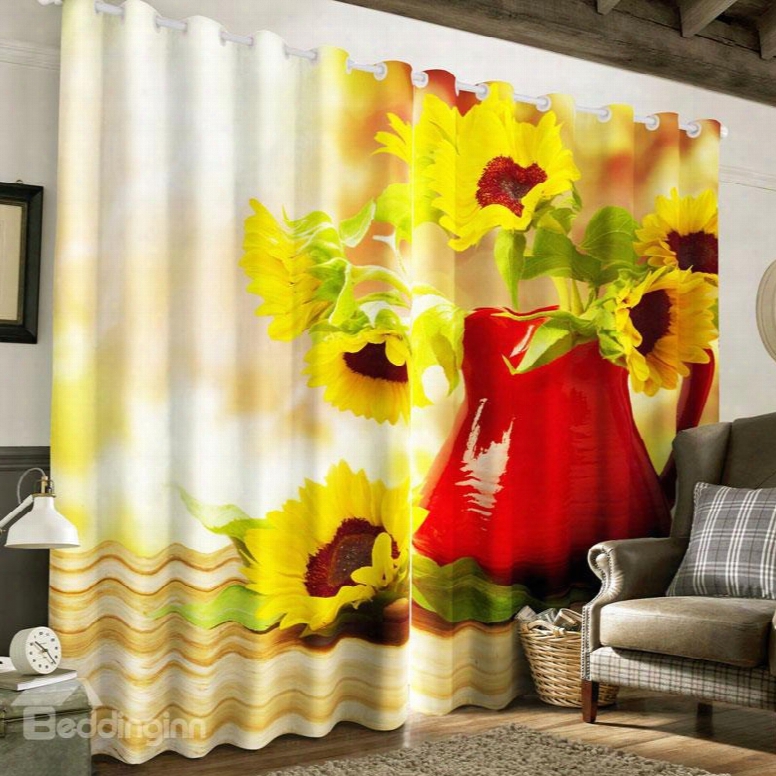 Wonderful And Creative Golden Sunflowers Printed 2 Panels Blackout Living Room Curtain