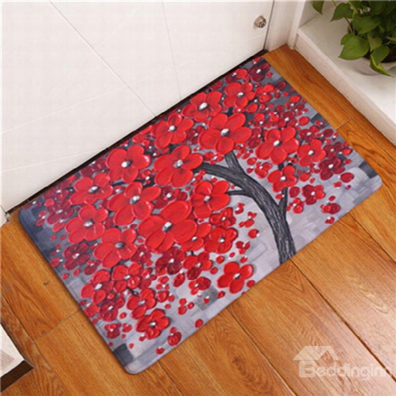 16␔24in Red Flowers Flannel Water Absorption Soft And Nonslip Grey Bath Rug/mat