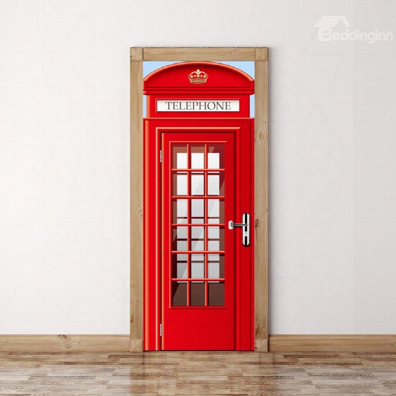 30␔79in Red Telephone Box With Plaids Pvc Environmental And Waterproof 3d Door Mural