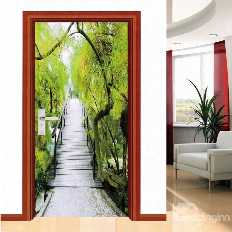 30␔79in Wooden Bridge Trees Pvc Environmental Waterproof Self-adhesive 3d Door Mural