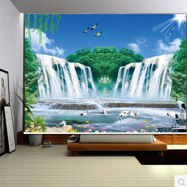 3d Beautiful Cranes With Mountains And Rivers Printed Natural Scenery Polester Decoration Curtain