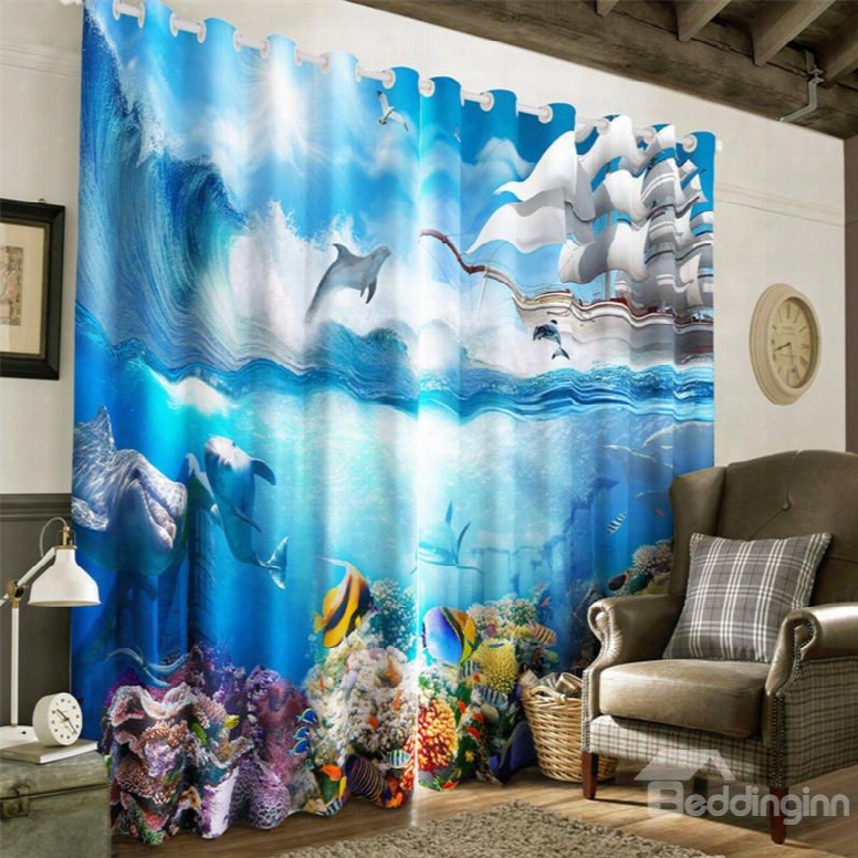 3d Blue Seas Golden Fish Turtle And Dilphins Printed Wonderful Undersea World Blackout Curtain