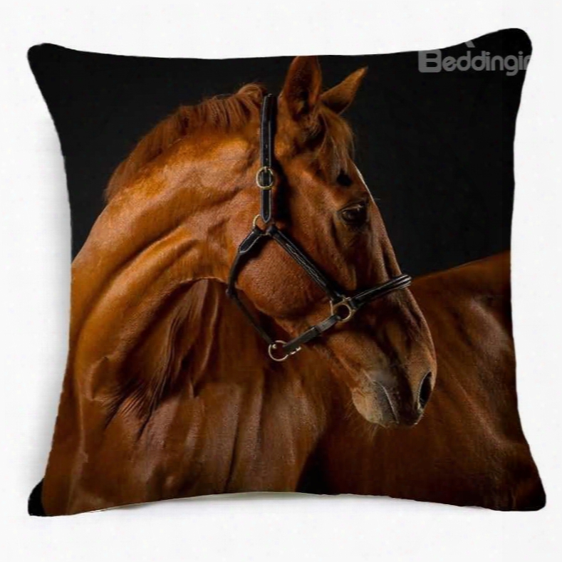 3d Brown Horse Printed Square Throw Pillow