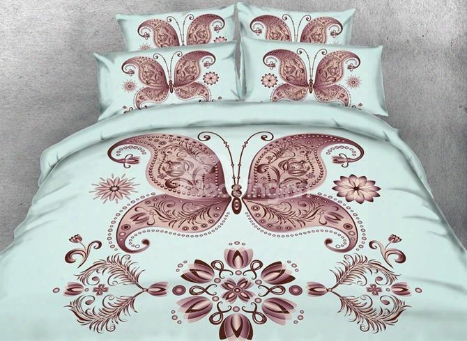 3d Burgundy Butterflt Printed 4-piece Bedding Sets/duvet Covers