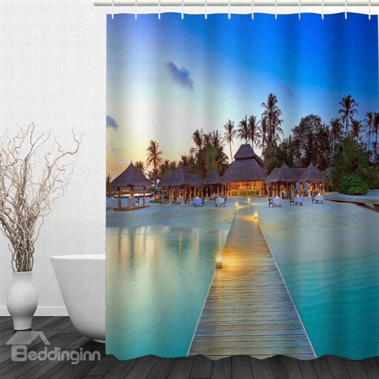 3d Cabins On Beach Printed Polyester Waterproof Antibacterial And Eco-friendly Shower Curtain