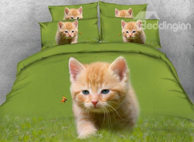 3d Cat And Ladybird Printed Cotton 4-piece Green Bedding Sets/duvet Covers