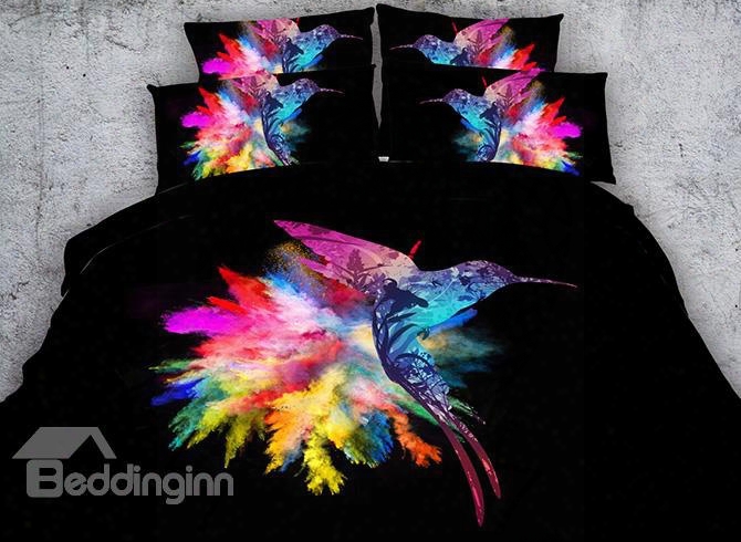 3d Colorful Hummingbird Printed Cotton 4-piece Black Bedding Sets/duvet Covers