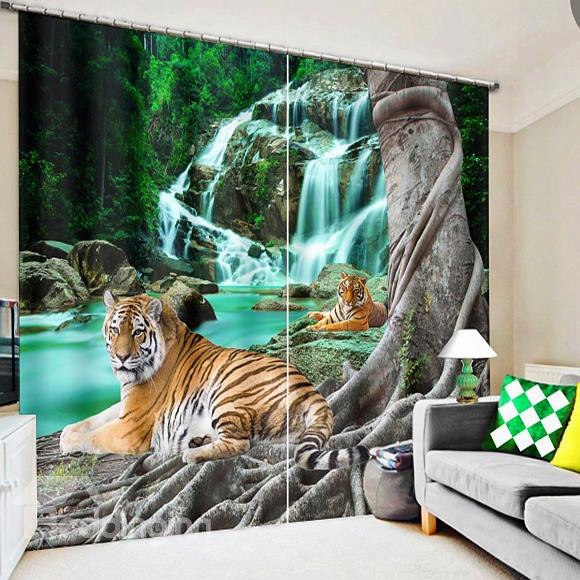 3d Couple Tigers Crouching Near The Waterfall Printed Custom Blackout Curtain For Living Room