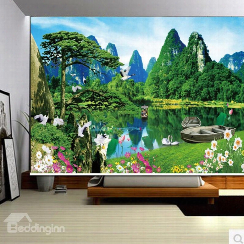 3d Cranes Flowers And Boats On River Printed Natural Style Blackout Curtain Roller Shade