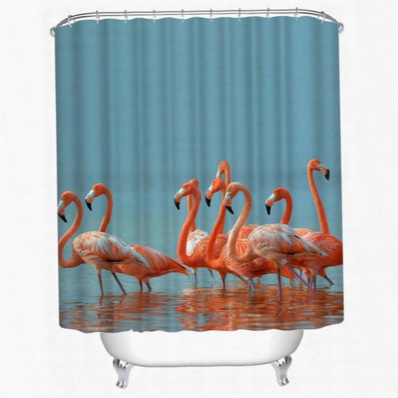 3d Flamingos In Lake Printed Polyester Waterproof Antibacterial And Eco-friendly Shower Curtain