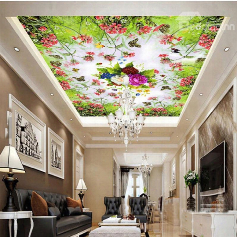 3d Flowers Printed Pvc Waterproof Sturdy Eco-friendly Self-adhesive Ceilingmurals