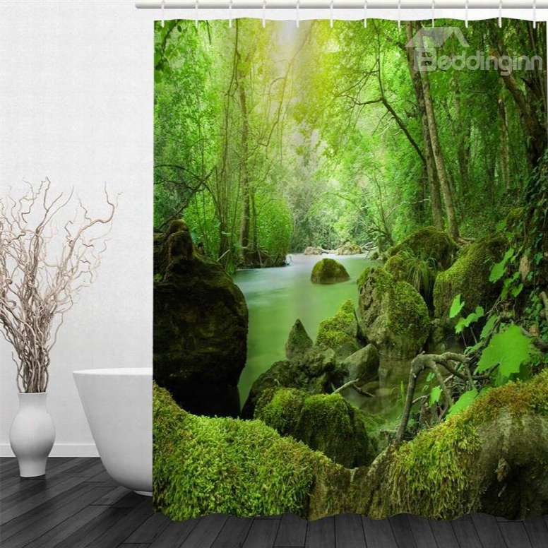 3d Green Forest And Stream Printed Polyester Waterproof Antibacterial And Eco-friendly Shower Curtain