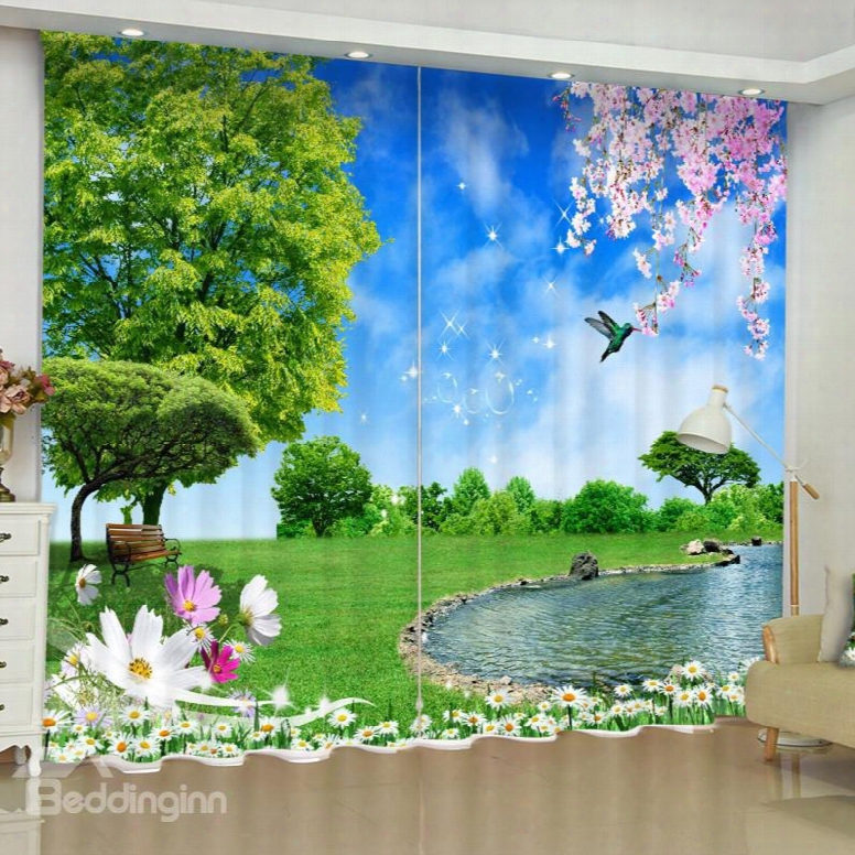 3d Green Grassland And Limpid River Printed 2 Panels Living Room Curtain