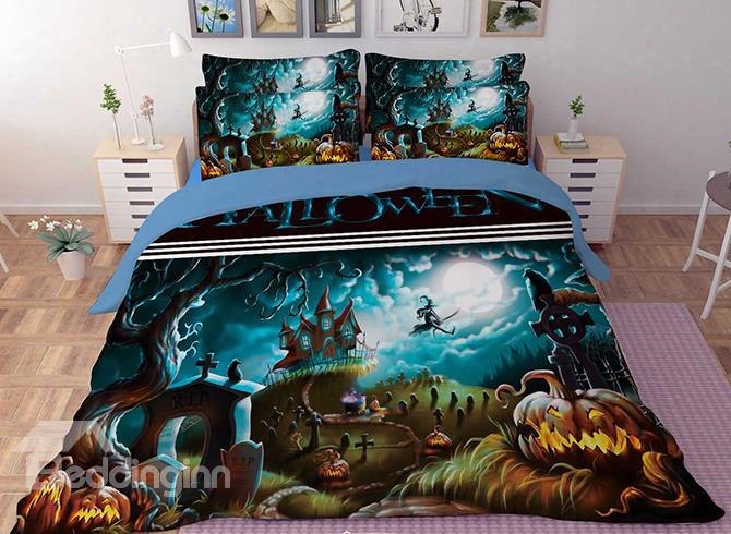 3d Halloween Pumpkin And Castle Printed Polyester 4-piece Bedding Sets/duvet Covers