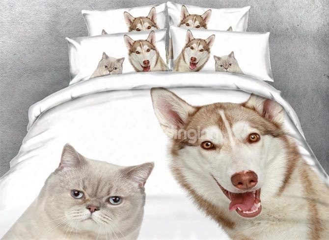 3d Husky Dog And Cat Printed 5-piece White Comforter Sets