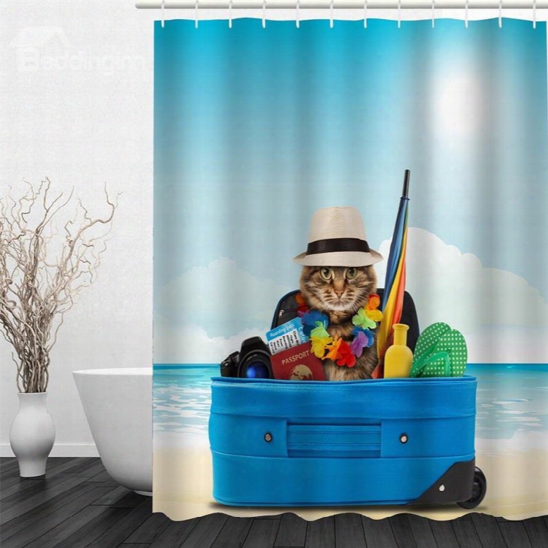 3d Kitten With Travelling Equipment Polyester Waterproof Antibacterial And Eco-friendly Shower Curtain