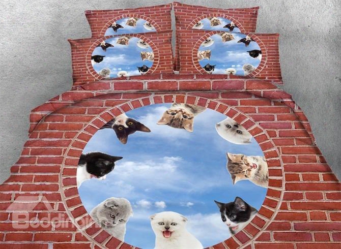 3d Kittens And Blue Sky Printed Cotton 4-piece Bedding Sets/duvet Covers