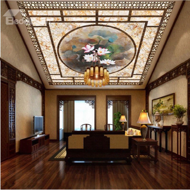 3d Lotus Printed Waterproof Durable And Eco-friendly Ceiling Murals