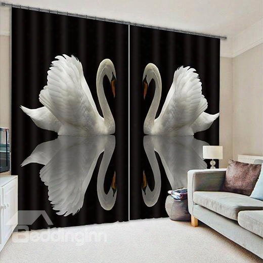 3d Lovely Couple White Swans Printed Polyester Decoration Custom Living Room Curtain