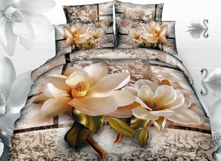 3d Magnolia With Jacobean Printed Cotton 4-piece Bedding Sets/duvet Covers