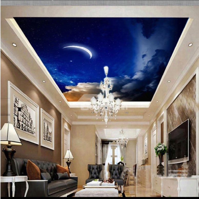 3d Moon In Blue Sky Pattern Waterproof Durable  And Eco-friendly Ceiling Murals