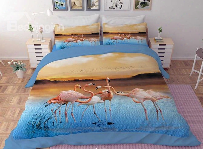 3d Pink Flamingos Printed Polyester 4-piece Bedding Sets/duvet Covers
