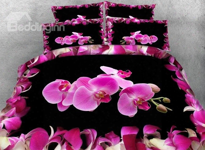 3d Pink Phalaenopsis Printed Cotton 4-piece Black Bedding Sets/duvet Covers